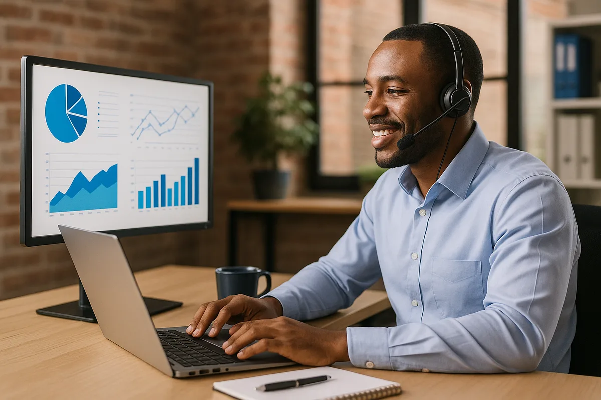Agente SDR com IA: profissional sorrindo com headset diante de um notebook e de um painel com gráficos de vendas